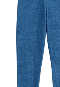 Blue, soft fabric leggings with a smooth texture and slight sheen. Features a fitted design and no visible hardware or accents.