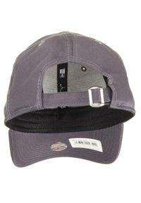 Gray cotton baseball cap with a curved brim, adjustable strap at the back, and an inner lining displaying a mesh pattern.