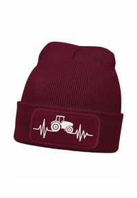 Maroon knitted beanie featuring a white tractor and heartbeat line graphic on a rectangular patch. Material: soft, ribbed texture.