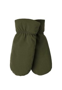Green padded mittens with elasticized cuffs, showcasing a smooth texture and rounded shape. No visible patterns or hardware details.