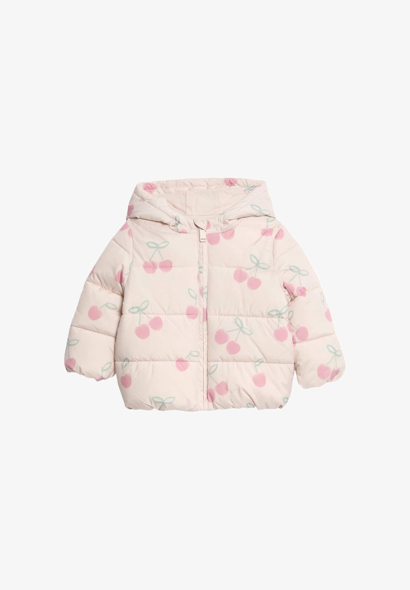 Polstret jakke med en lys pink baggrund, prydet med et kirsebærprint i pink og mintgrøn. Med hætte, frontlynlås og syninger.