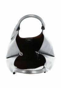 Borsa a mano in pelle grigia con texture, compartimento principale aperto, manico singolo e clip interna per chiavi o accessori.
