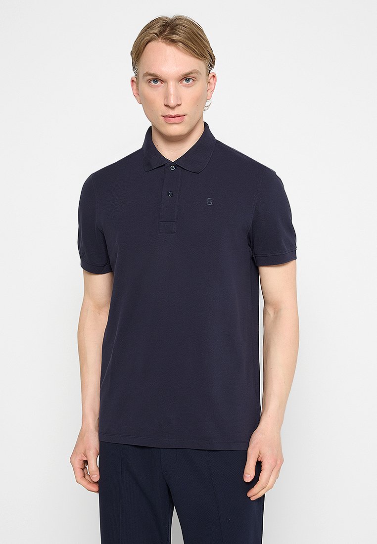 Navyblaue Poloshirt mit kurzen Ärmeln, Knopfleiste und kleinem Logo auf der Brust. Hergestellt aus glattem, weichem Stoff.
