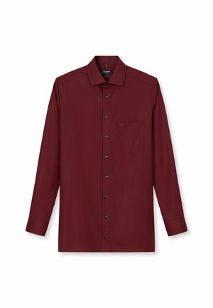 Langarmhemd in tiefem Burgunder, aus glattem Stoff gefertigt. Verfügt über einen spitzen Kragen, eine Knopfleiste und eine Brusttasche mit einem Logo-Akzent.