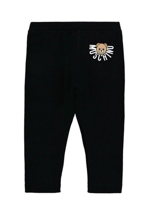 Zwarte leggings met een elastische tailleband, voorzien van een bedrukt berenmotief en de tekst "Moschino" in het wit op de linkerheup. Zacht, rekbaar materiaal.