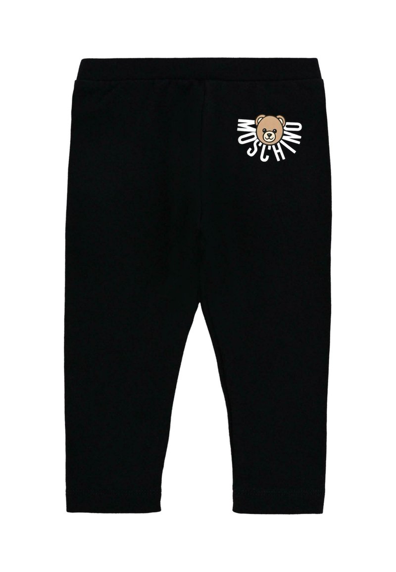 Czarne legginsy z elastycznym pasem, z nadrukiem graficznym misia oraz białym tekstem "Moschino" na lewym biodrze. Miękki, elastyczny materiał.