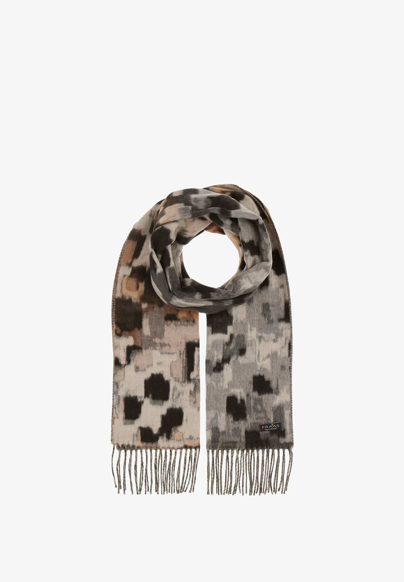 Multicolored scarf featuring a soft fabric with a blend of gray, black, and beige hues; includes fringed ends and an abstract pattern.
