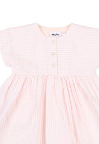 Vestito per bambina a righe rosa chiaro e bianche, con maniche corte, tre bottoni sul davanti e due piccole tasche frontali.