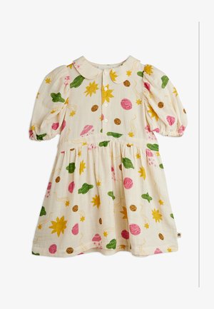 Robe pour tout-petit de couleur crème avec manches bouffantes, col Peter Pan, boutons à l'avant et imprimé coloré sur le thème de l'espace avec des soleils, des planètes et des OVNIs.