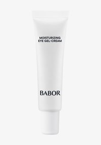 Tube blanc de gel-crème hydratant pour les yeux Babor avec texte noir. Forme cylindrique uniforme, texture lisse et bouchon à vis en haut.