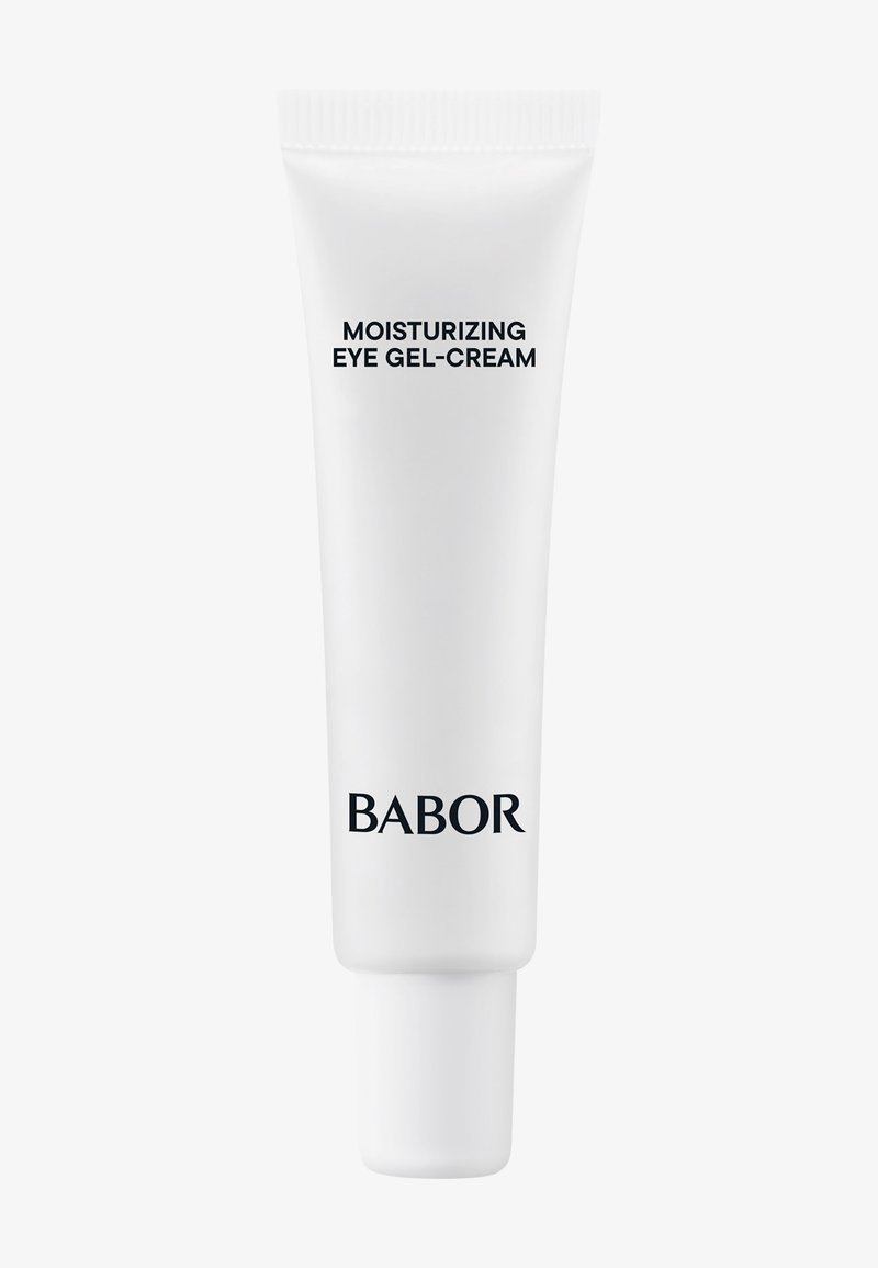 Tube blanc de gel-crème hydratant pour les yeux Babor avec texte noir. Forme cylindrique uniforme, texture lisse et bouchon à vis en haut.