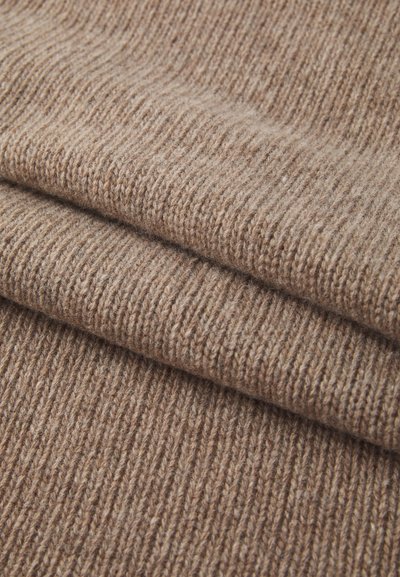 Brown woolen fabric with a ribbed texture, folded neatly to show depth and softness. It features a warm, neutral color palette.