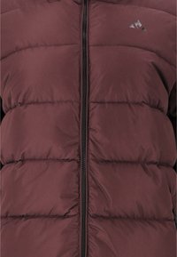 Burgundy puffjacka med kviltade sektioner, dragkedja framtill och en liten svart logotyp på övre vänstra sidan. Slät, isolerad tyg.