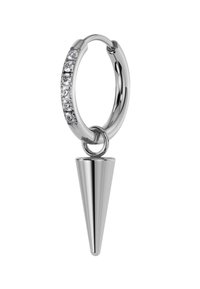 Hõbedast rõngaskõrvarõngas, millel on läikiv, tekstuuriga pind ja koonusetaoline ripats. Rõngal on reas selgeid kristalle.