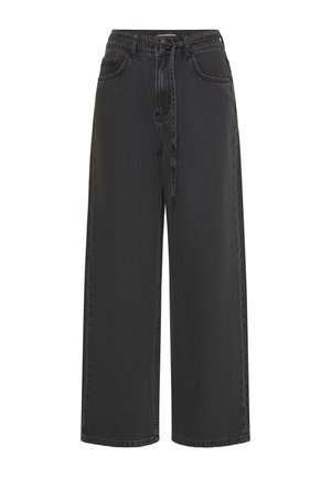 Højtaljede, sorte jeans med vide ben, forlommer, knaplukning og et tyndt bindebælte ved taljen.