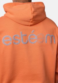 Un sweat à capuche orange avec une grande broderie texturée grise du mot "estéem" dans le dos. Le tissu semble doux et chaud.