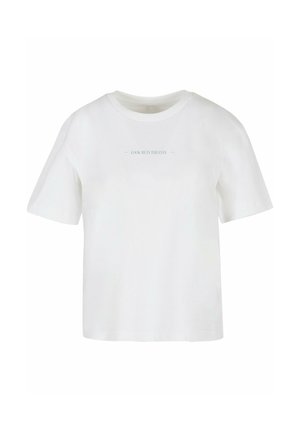 Weißes Baumwoll-T-Shirt mit rundem Ausschnitt, kurzen Ärmeln und Frontdruck, der in einer minimalistischen Schriftart "SCHAU MIR IN DIE AUGEN" sagt.