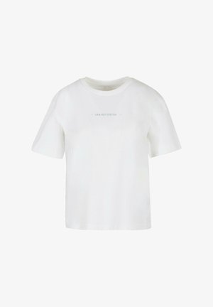 Biała bawełniana koszulka T-shirt z okrągłym dekoltem, krótkimi rękawami i napisem z przodu "PATRZ MI W OCZY" w minimalistycznej czcionce.