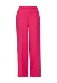 Roze wijde broek met hoge taille, gemaakt van gladde stof. Beschikt over een voornaad, ceintuurlussen en geen zichtbare zakken.