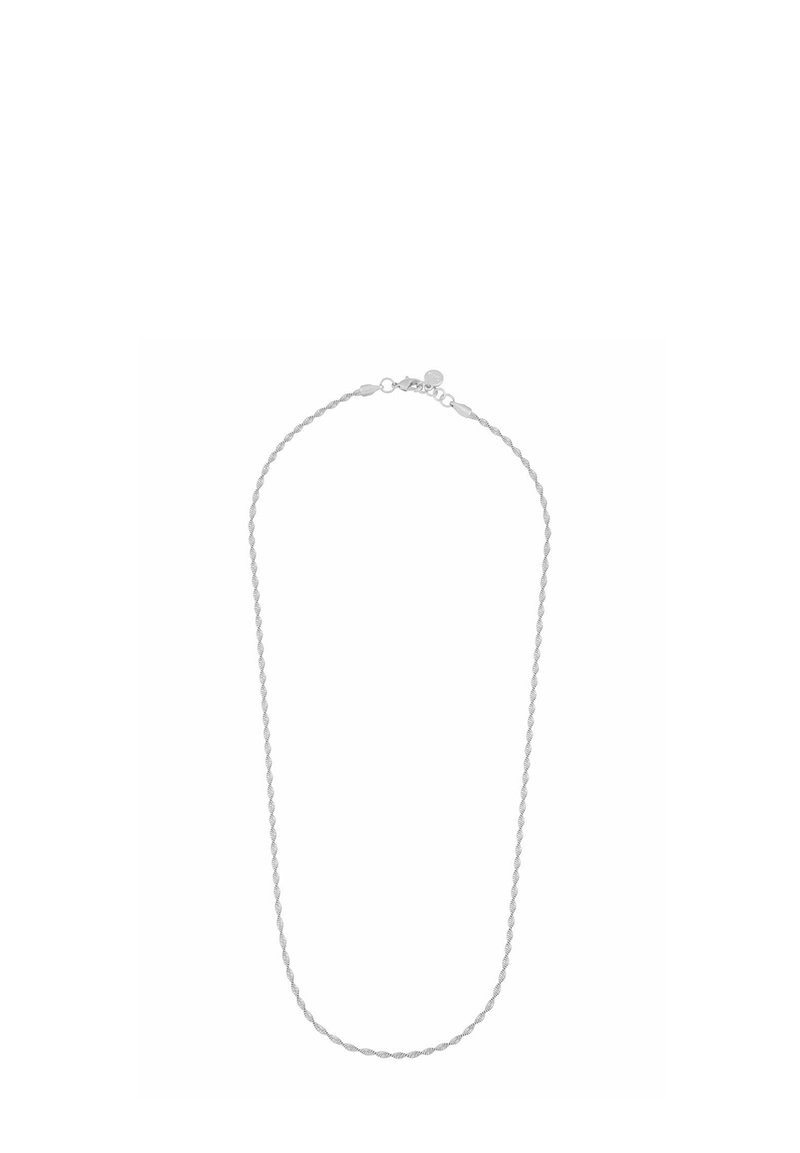 Silver chainhalsband gjort av flätade metallledningar, med en karbinlås för stängning och en justerbar längddesign.