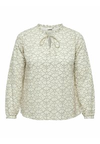 Blusa a maniche lunghe color crema con motivo in pizzo floreale, collo con frange e dettaglio a fiocco. Tessuto morbido con maniche arricciate.