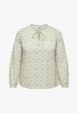 Kremasta bluzica z dolgimi rokavi, ki je okrašena z cvetličnim čipkastim vzorcem, z nabranim ovratnikom in s trakom na ovratniku. Mehka tekstura z nabranimi rokavi.