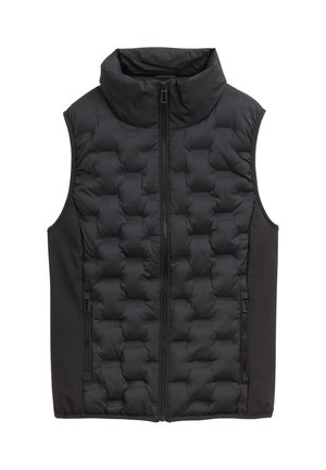 Gilet trapuntato nero senza maniche con collo alto, cerniera frontale e tasche laterali con zip, progettato per calore e stratificazione.