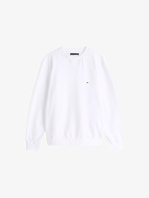 Sudadera de algodón blanca con cuello redondo, mangas largas, puños acanalados y pequeño logo bordado en el pecho. Textura suave.