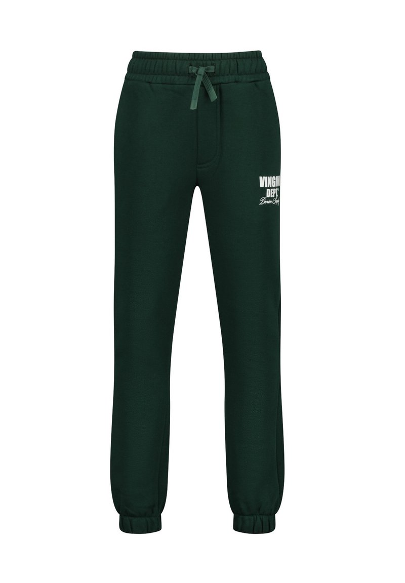 Grüne weiche Stoff-Sweatpants mit einem elastischen Bund und Kordelzug. Mit umgeschlagenen Säumen und weißen bedruckten Text auf der Vorderseite.