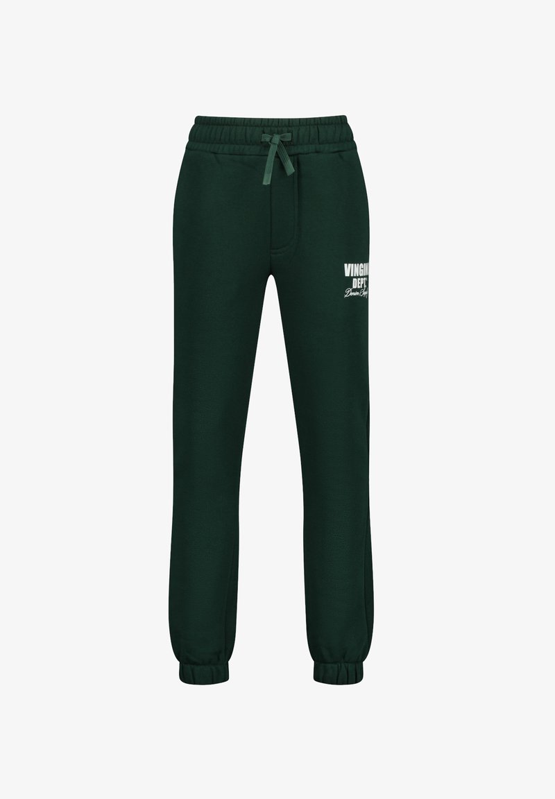 Grüne weiche Stoff-Sweatpants mit einem elastischen Bund und Kordelzug. Mit umgeschlagenen Säumen und weißen bedruckten Text auf der Vorderseite.