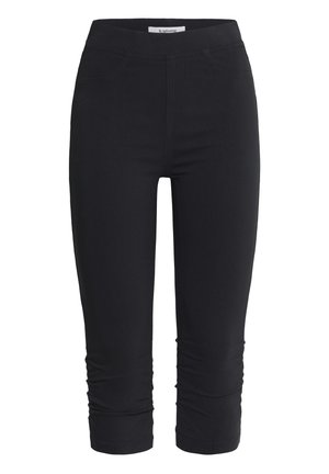 Fekete, rövidített leggings középmagas derékrésszel és finom varrási részletekkel, testhez simuló szabású nadrágszárakkal.