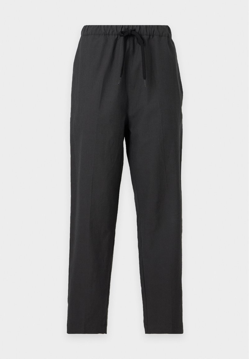 Pantalon noir décontracté avec taille élastique et cordon, jambes droites, en tissu léger.