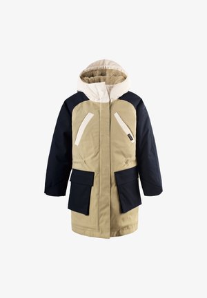 Parka imbottita beige e blu navy con cappuccio bianco, due tasche frontali e design a pannelli a contrasto. Fodera testurizzata visibile all'interno del cappuccio.