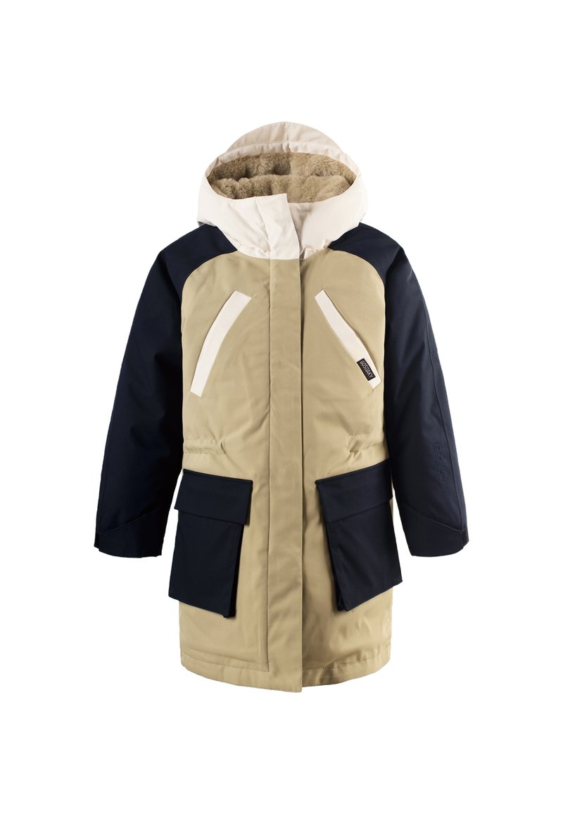 Parka imbottita beige e blu navy con cappuccio bianco, due tasche frontali e design a pannelli a contrasto. Fodera testurizzata visibile all'interno del cappuccio.