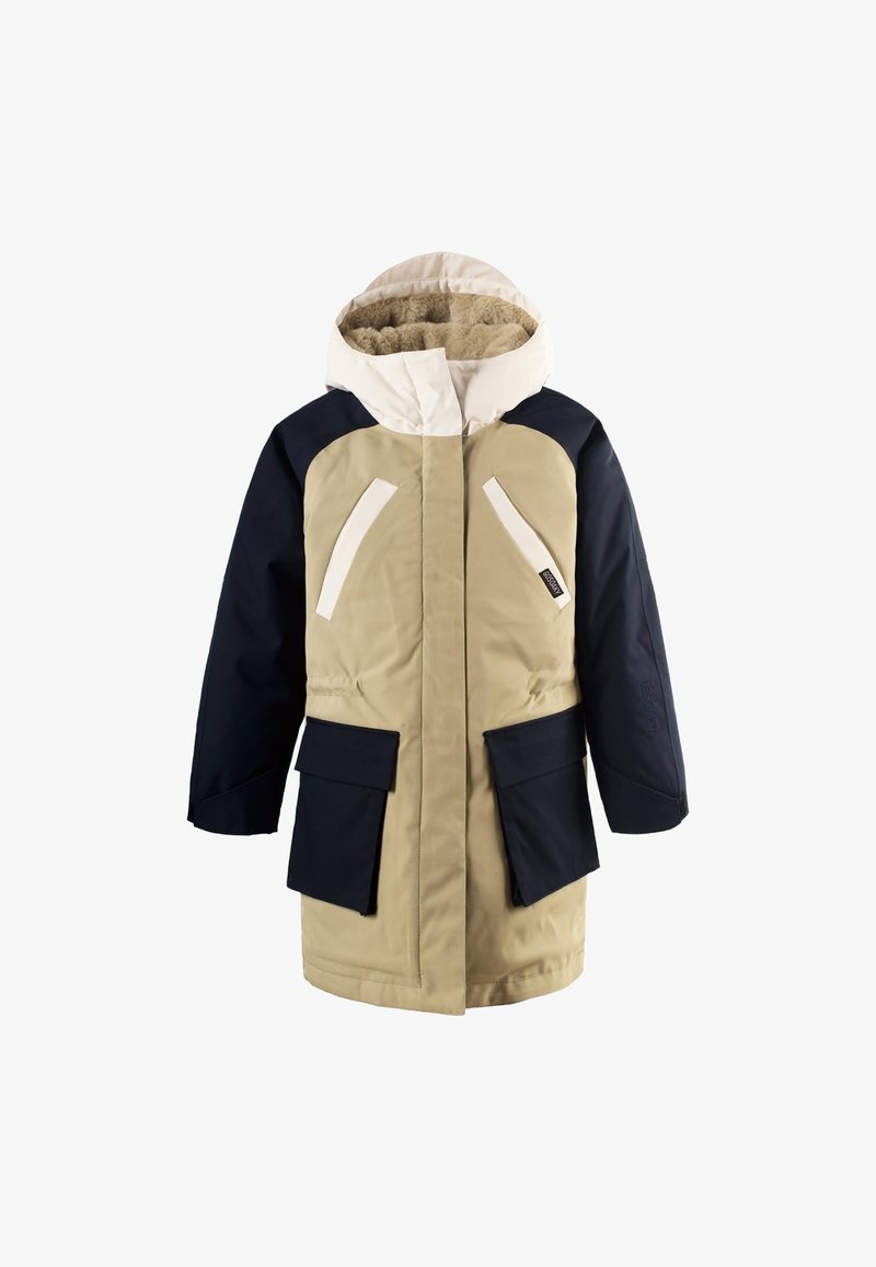 Parka imbottita beige e blu navy con cappuccio bianco, due tasche frontali e design a pannelli a contrasto. Fodera testurizzata visibile all'interno del cappuccio.