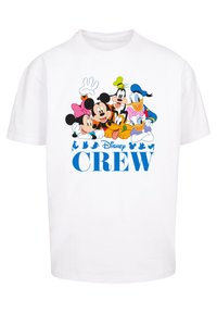 Hvit kortermet t-skjorte med et fargerikt Disney-figur grafikk, inkludert Mikke, Minni, Langbein, Donald og andre, med teksten "CREW" i blått.
