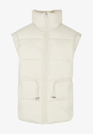 Wattierte ärmellose Weste in Creme, mit hohem Kragen, Frontreißverschluss, verstellbarem Kordelzugsaum und zwei Vorderaschen.