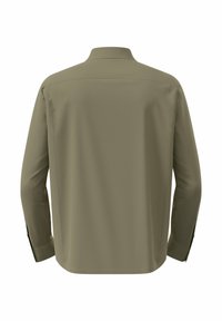 Langärmliges Hemd aus olivgrünem Stoff, mit Kragen, glatter Textur und klarer Gestaltung mit dezenten Nähten und abgerundetem Saum.