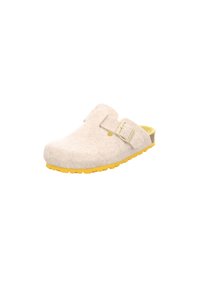 Bequeme Filzclogs in Beige mit einer gelben Gummisohle. Verfügt über einen seitlichen Schnallenverschluss und eine weiche Textur, die für Komfort und einfaches Anziehen sorgt.