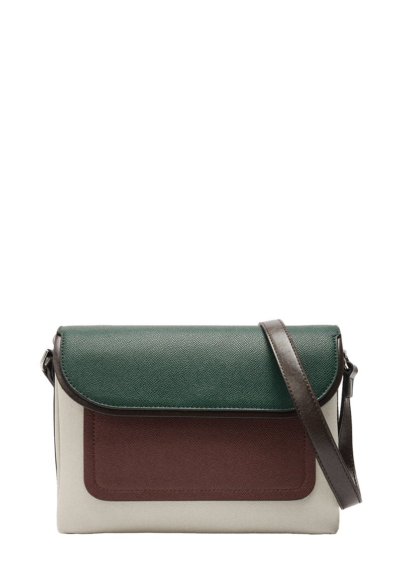 Torebka na ramię z teksturowanym, ciemnozielonym klapą, brązowym frontem i kremowym korpusem; posiada odpinany brązowy pasek.