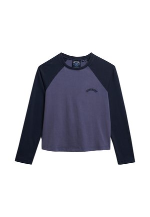 Long-sleeve crewneck shirt with navy sleeves and purple body, featuring small "Superdry" text logo on left chest.