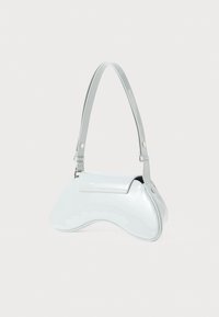 Light blue patent leather handbag with a curved shape, slim shoulder strap, and flap closure. Features a smooth, shiny texture.