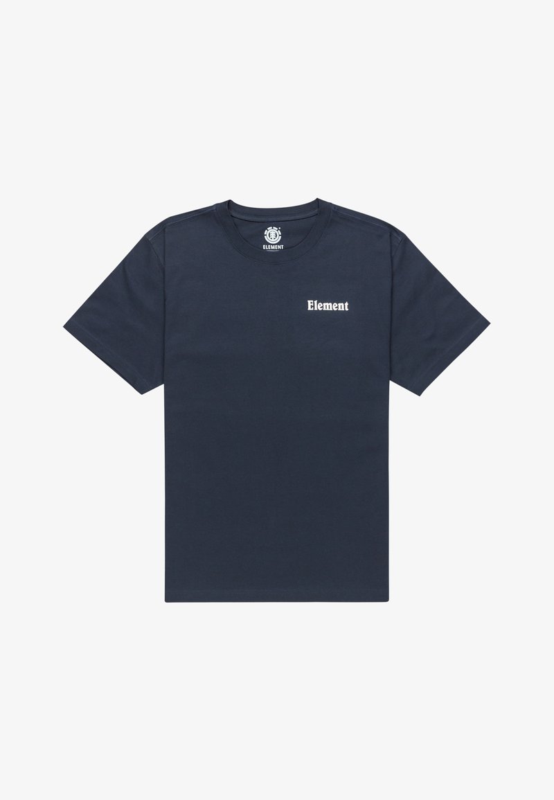 Camiseta de algodón azul marino con mangas cortas, cuello redondo y un pequeño logo blanco de "Element" en el lado izquierdo del pecho. Textura suave, diseño minimalista.