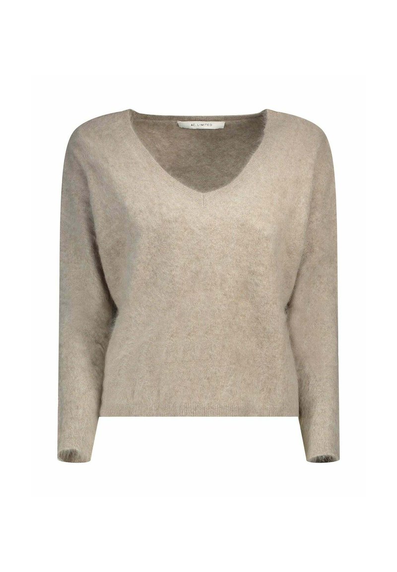 Maglione color beige chiaro a scollo a V, realizzato in materiale morbido e soffice, con maniche lunghe e vestibilità comoda. Design minimalista senza motivi o accenti visibili.