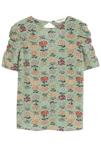 Blouse verte à manches courtes avec des manches bouffantes et un motif floral multicolore dans des tons de rouge, orange et beige, petite ouverture en forme de clé au dos.