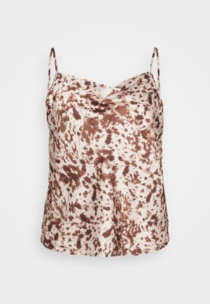 Brun og kremfarget prikket satin camisole med tynne stropper og drapert utringning, glatt tekstur og en avslappet passform.
