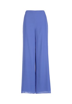 Széles szárú, magas derekú nadrág egyszínű világos ibolyakék árnyalatban, sima derékpánttal és könnyed esésű anyaggal.