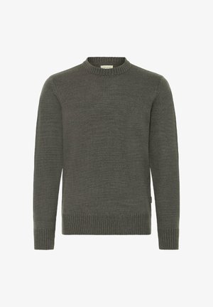 Dark green knit sweater with a round neckline, ribbed cuffs and hem, featuring a textured fabric and a casual fit.
