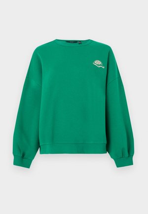 Grüner Pullover aus Baumwollmischung; verfügt über überschnittene Schultern, lange Ärmel und ein kleines besticktes Motiv auf der linken Brust.