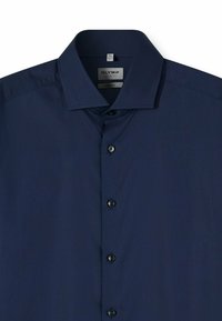 Navy blue short-sleeve dress shirt, made of smooth fabric. Features a pointed collar, black buttons, and a fitted body design.